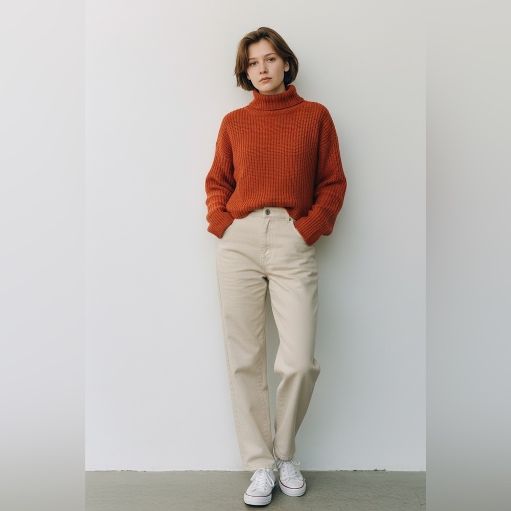 SEEK THE LABEL Cropped Waist Turtleneck knit Sweater in a rust/orange .
Size XS